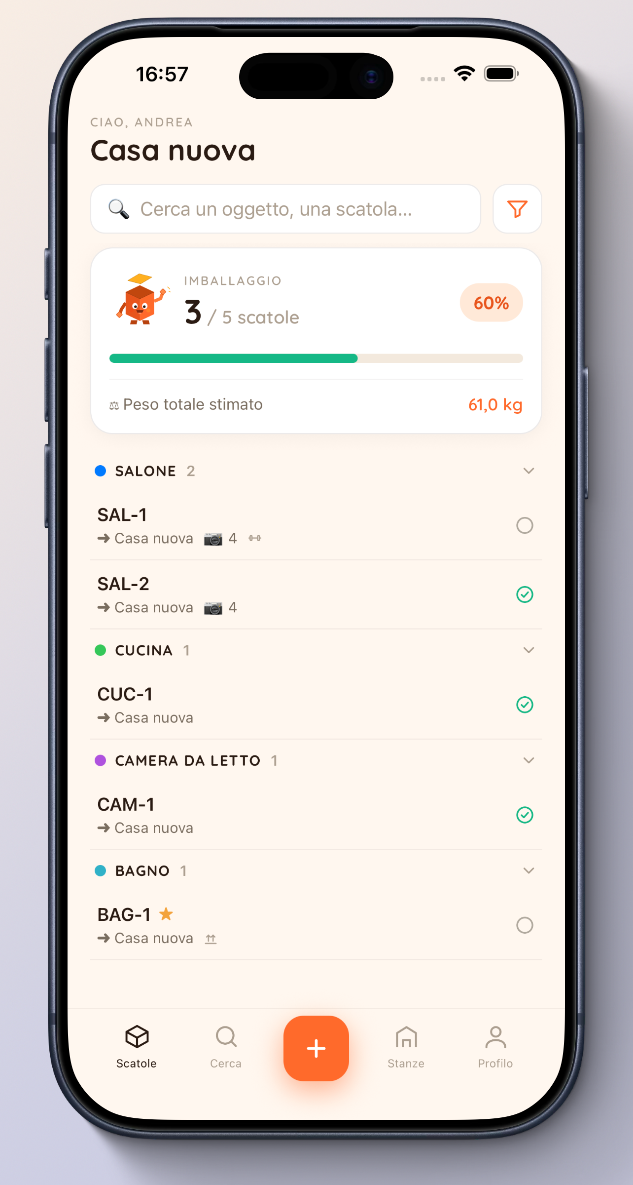 Schermata di My Box Map: lista delle scatole organizzate per stanza
